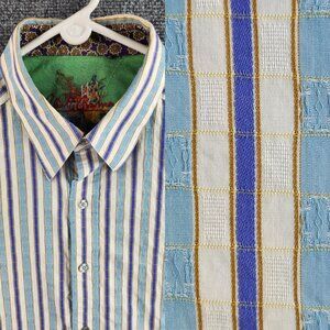 Robert Graham Striped Blue Designer Shirt Long Sleeve Button Up Cotton Point